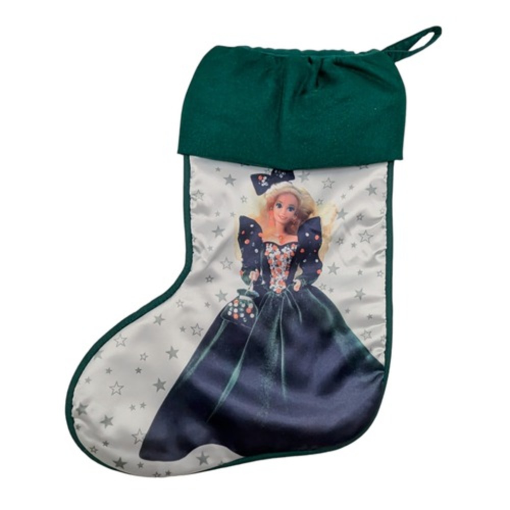 1995 Hallmark Barbie Holiday Forest Green Satin Christmas Stocking